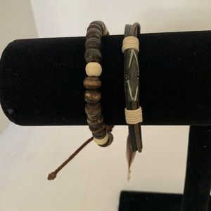 Surfer style bracelet duo. Wood,stone and leather